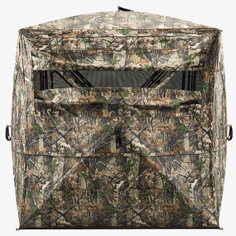 Front view of TIDEWE camo hunting blind with adjustable shooting windows for hunters.