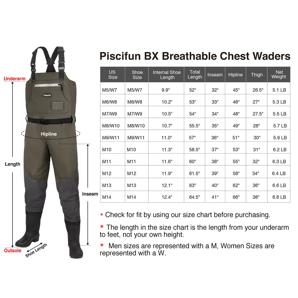 Piscifun® BX Fishing Waders Size Chart